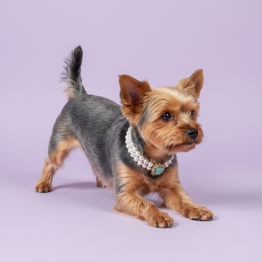 Yorkshire Terrier standing and wearing a pearl collar with a teal gemstone pendant against a lavender background