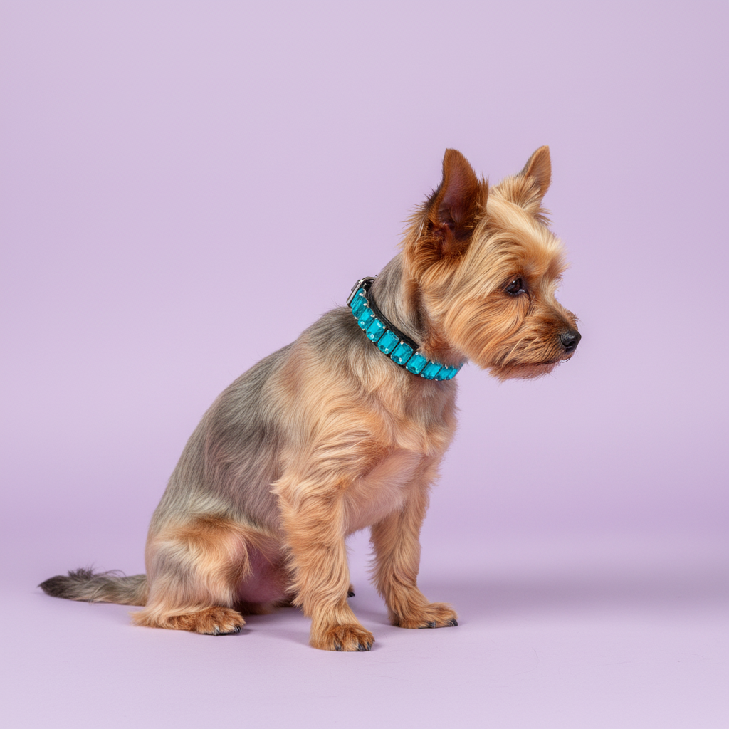 Yorkshire Terrier wearing a teal rhinestone collar against a soft lavender studio background.