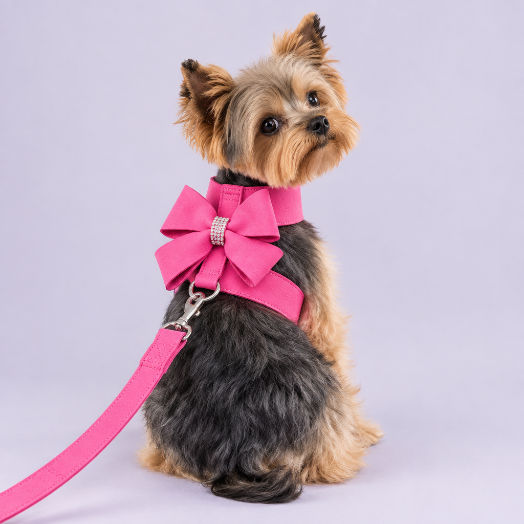 Yorkie wearing pink bow harness with leash