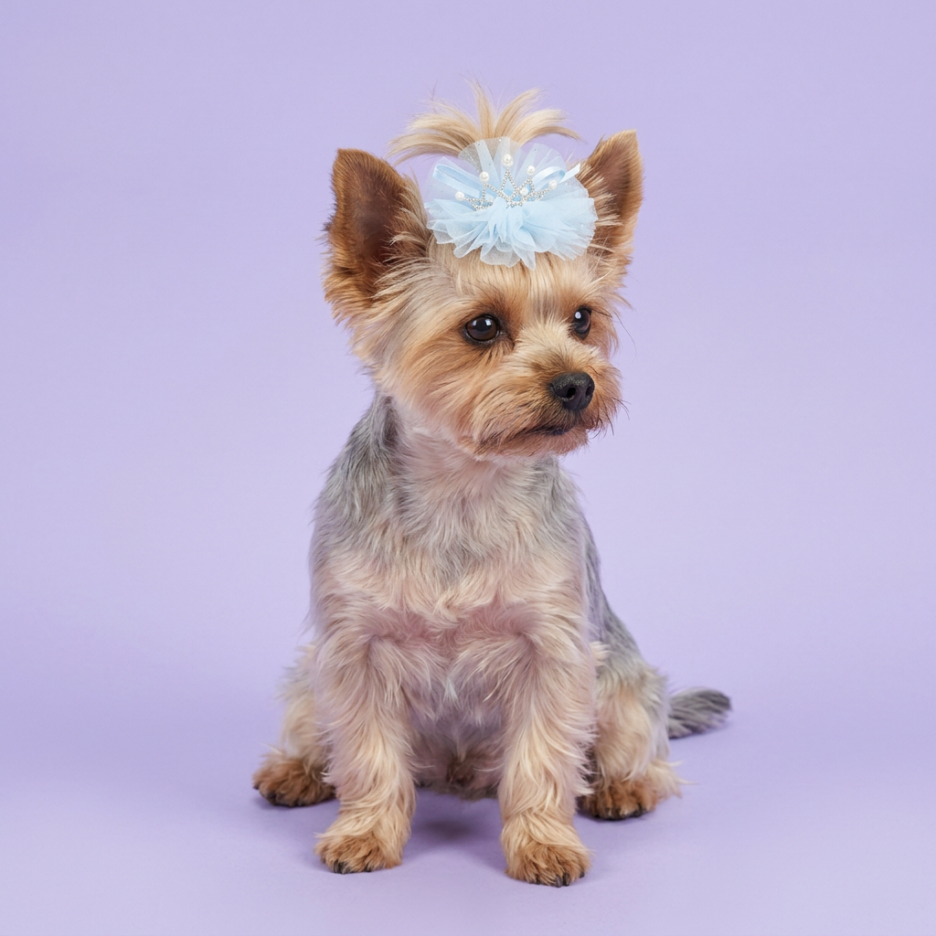 Yorkie wearing the baby-blue tulle crown clip