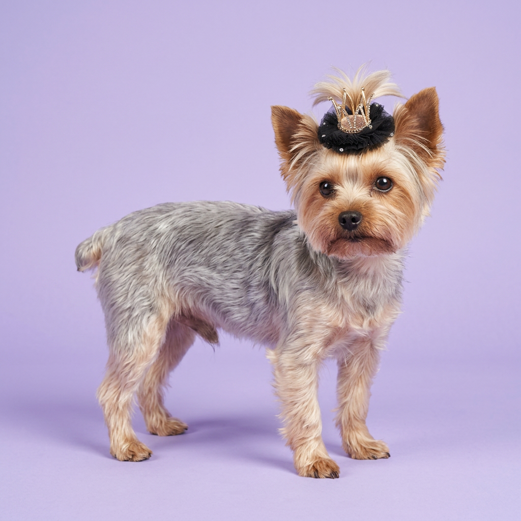 Yorkie wearing the black crown clip