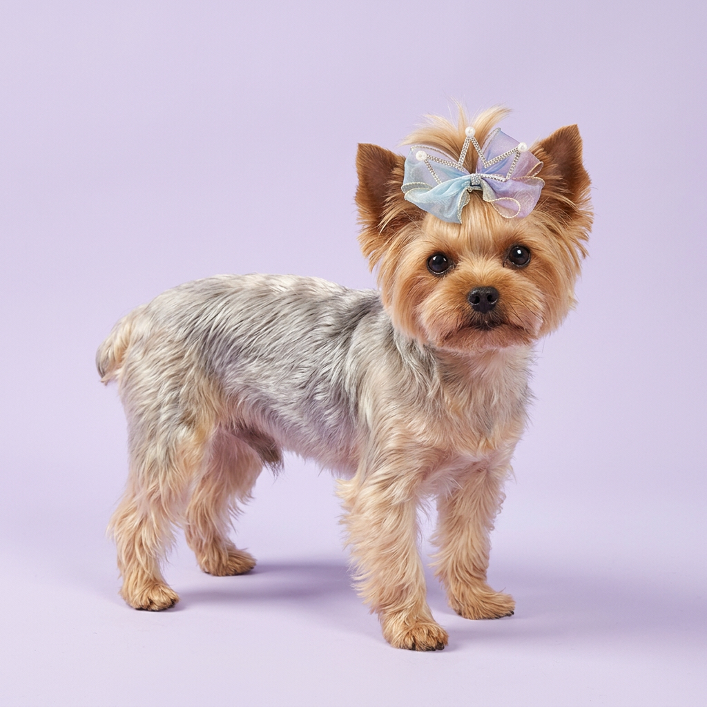 Yorkie wearing the blue-and-lavender crown bow