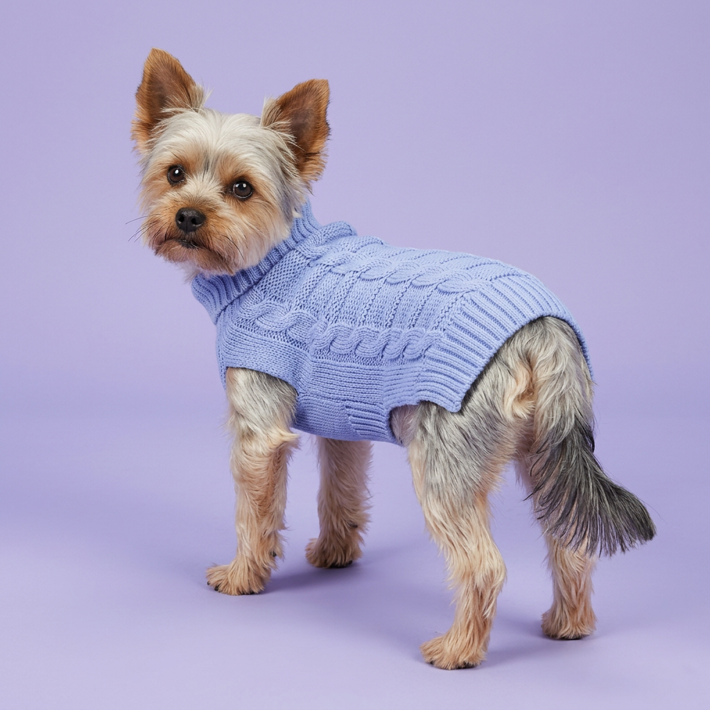 Yorkie wearing the blue cable-knit sweater on lavender