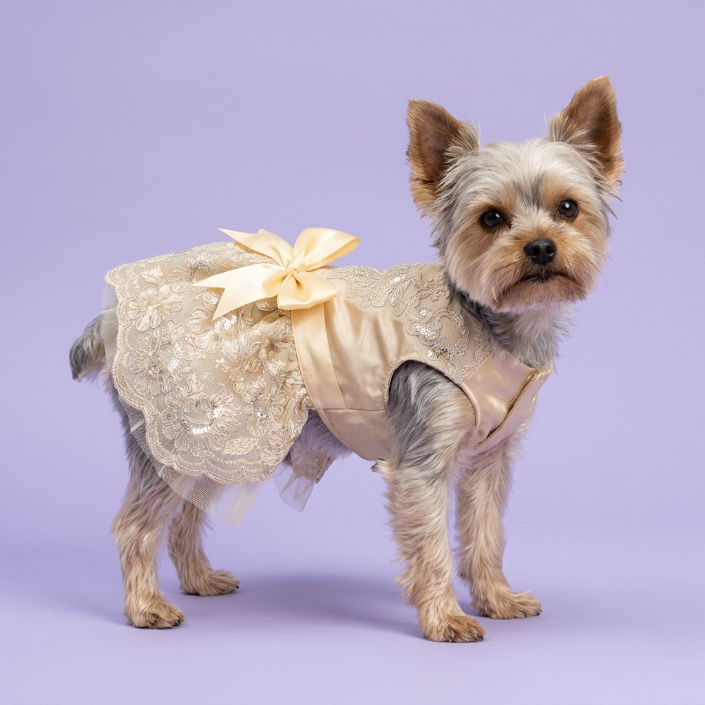 Yorkie wearing the champagne-gold dress