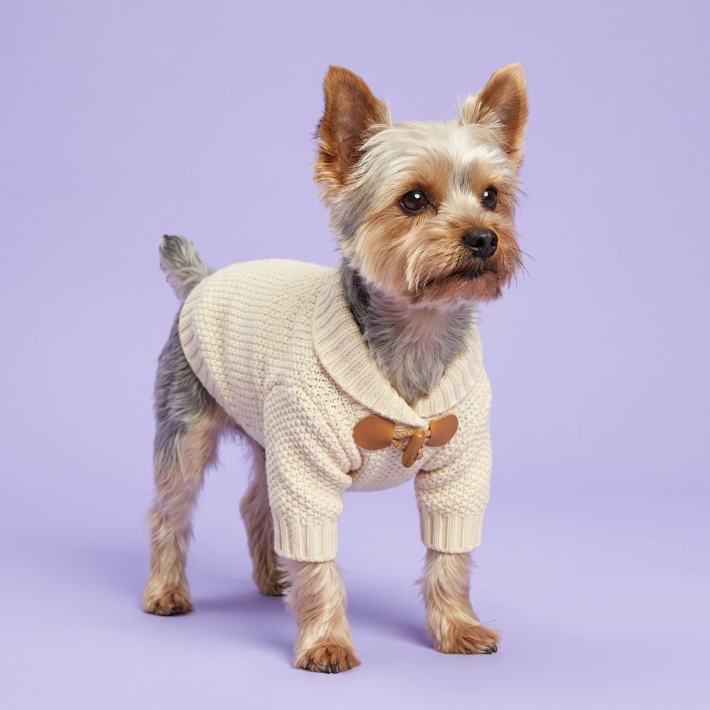 Yorkie wearing the cream knitted sweater on lavender