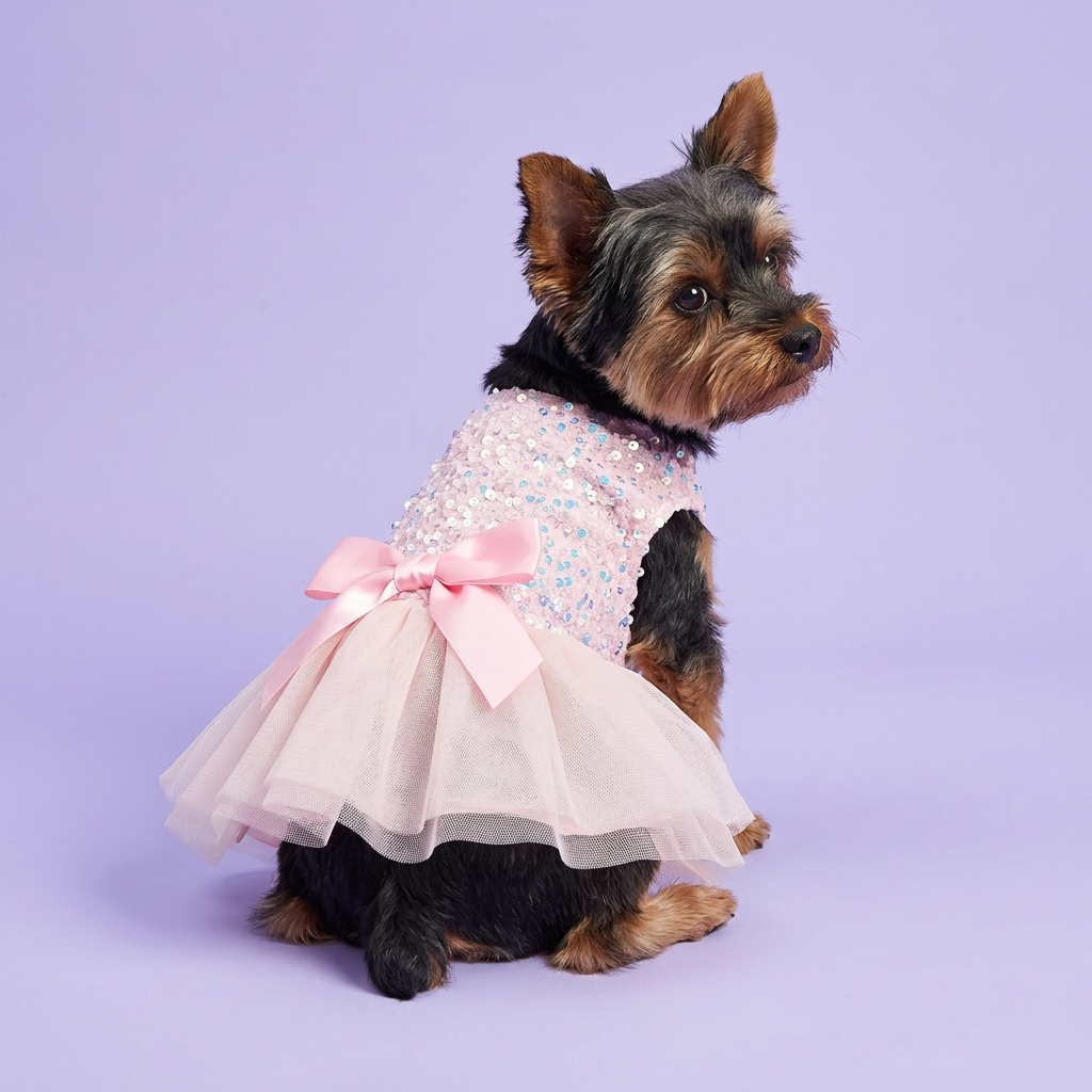 Yorkie wearing the dress with a lighter pink skirt