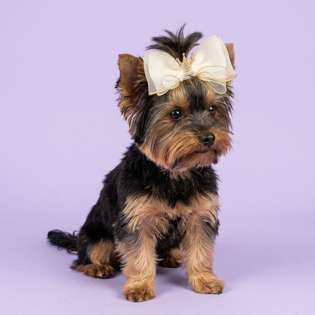 Yorkie wearing the ivory-and-gold crown bow