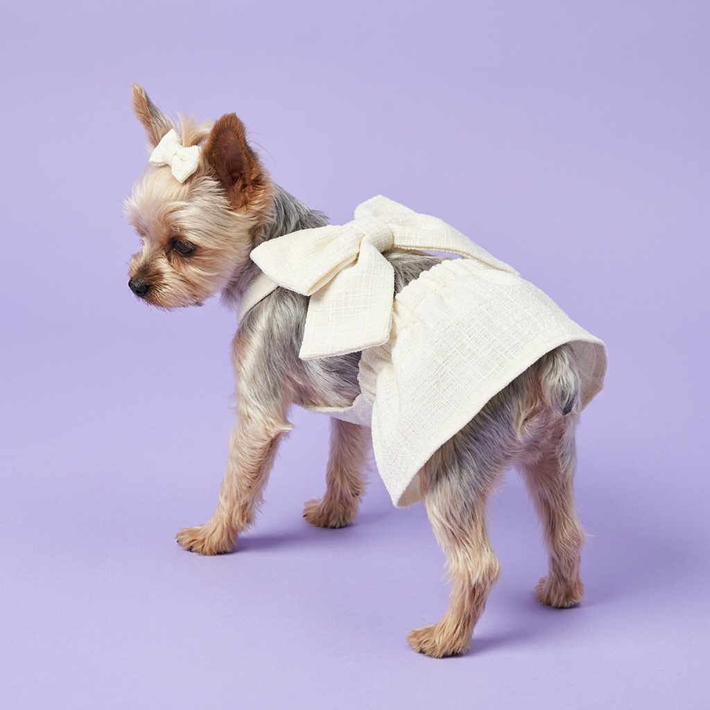 Yorkie wearing the ivory bow dress