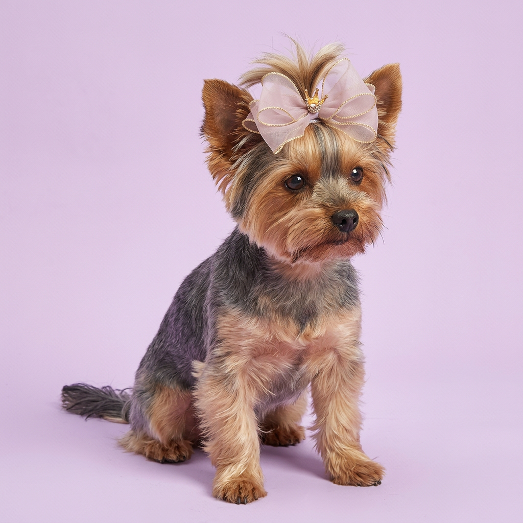 Yorkie wearing the lilac and gold crown bow