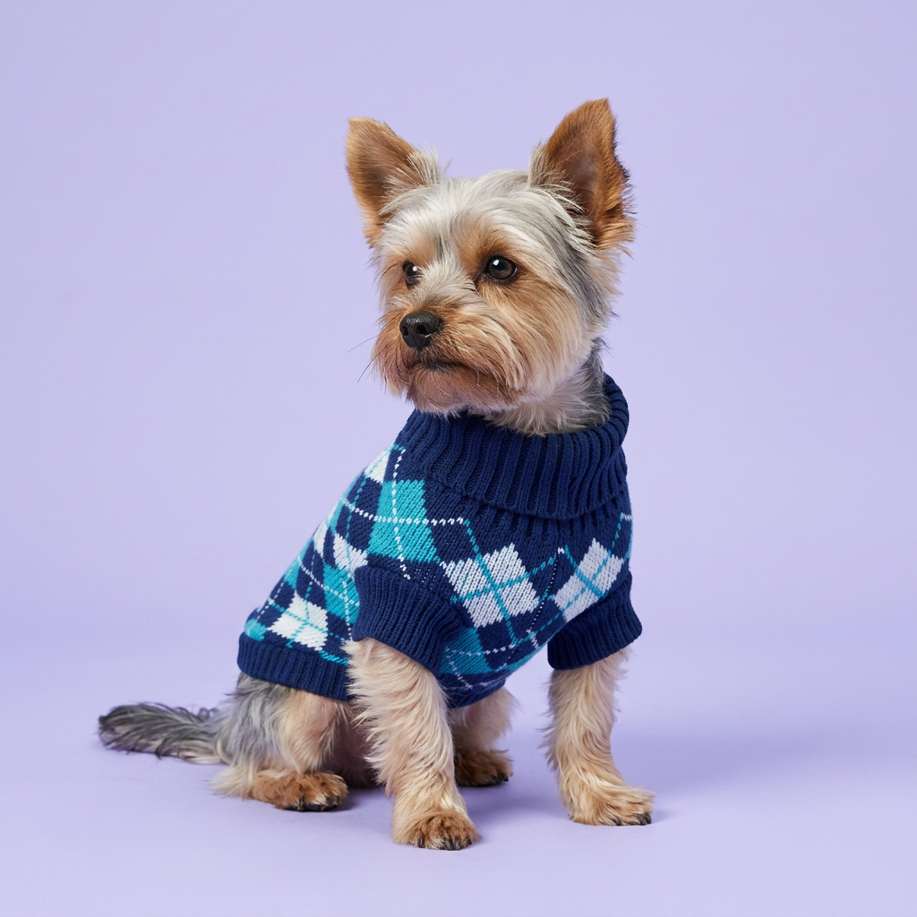 Yorkie wearing the navy argyle sweater on lavender