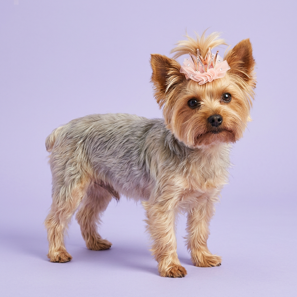 Yorkie wearing the pink crown hair clip