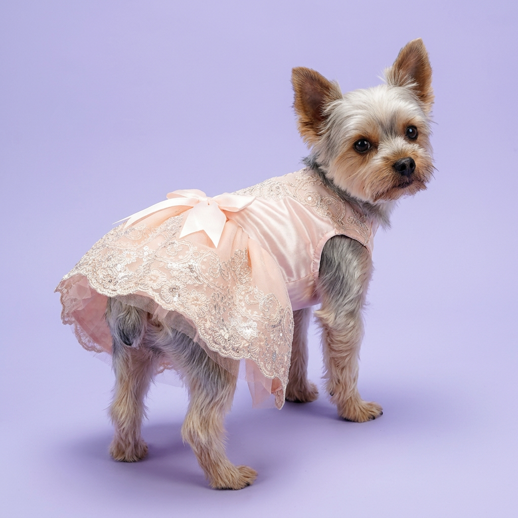 Yorkie wearing the pink embroidered dress