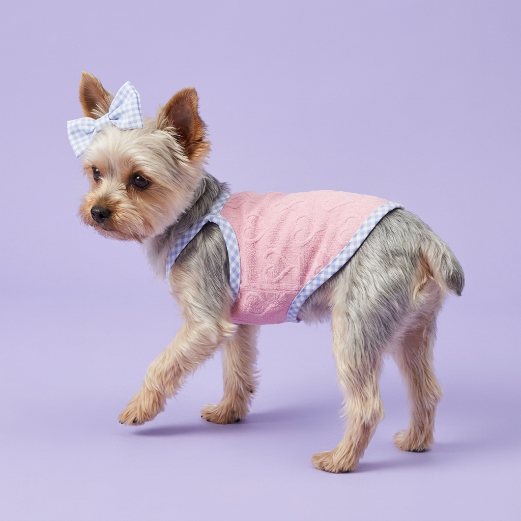 Yorkie wearing the pink heart top with blue gingham trim