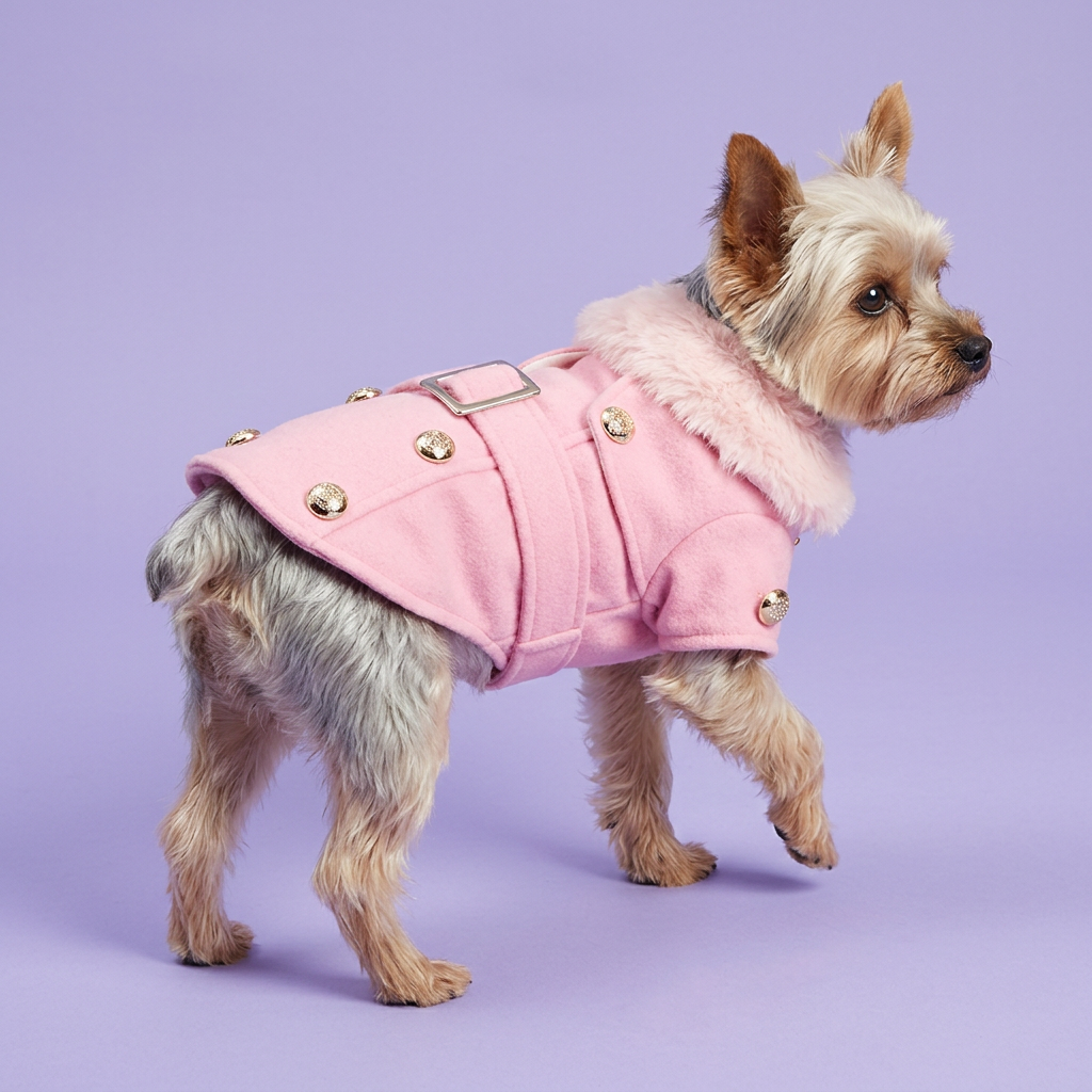 Yorkie wearing the pink jacket
