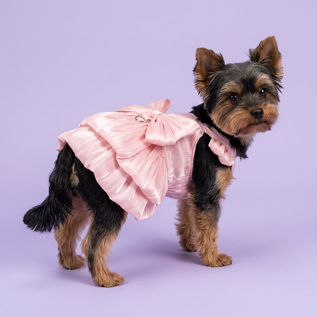 Yorkie wearing the pink tiered dress