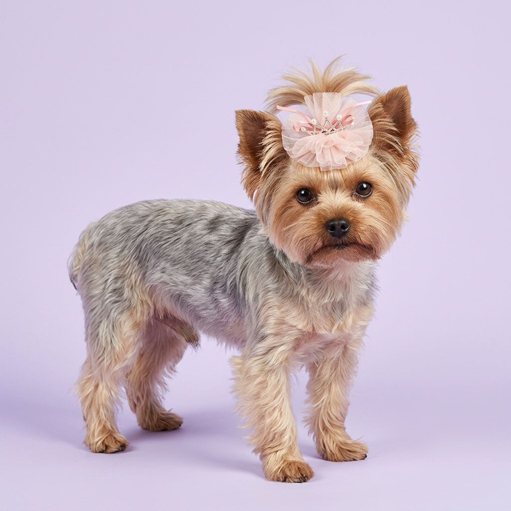 Yorkie wearing the pink tulle crown clip