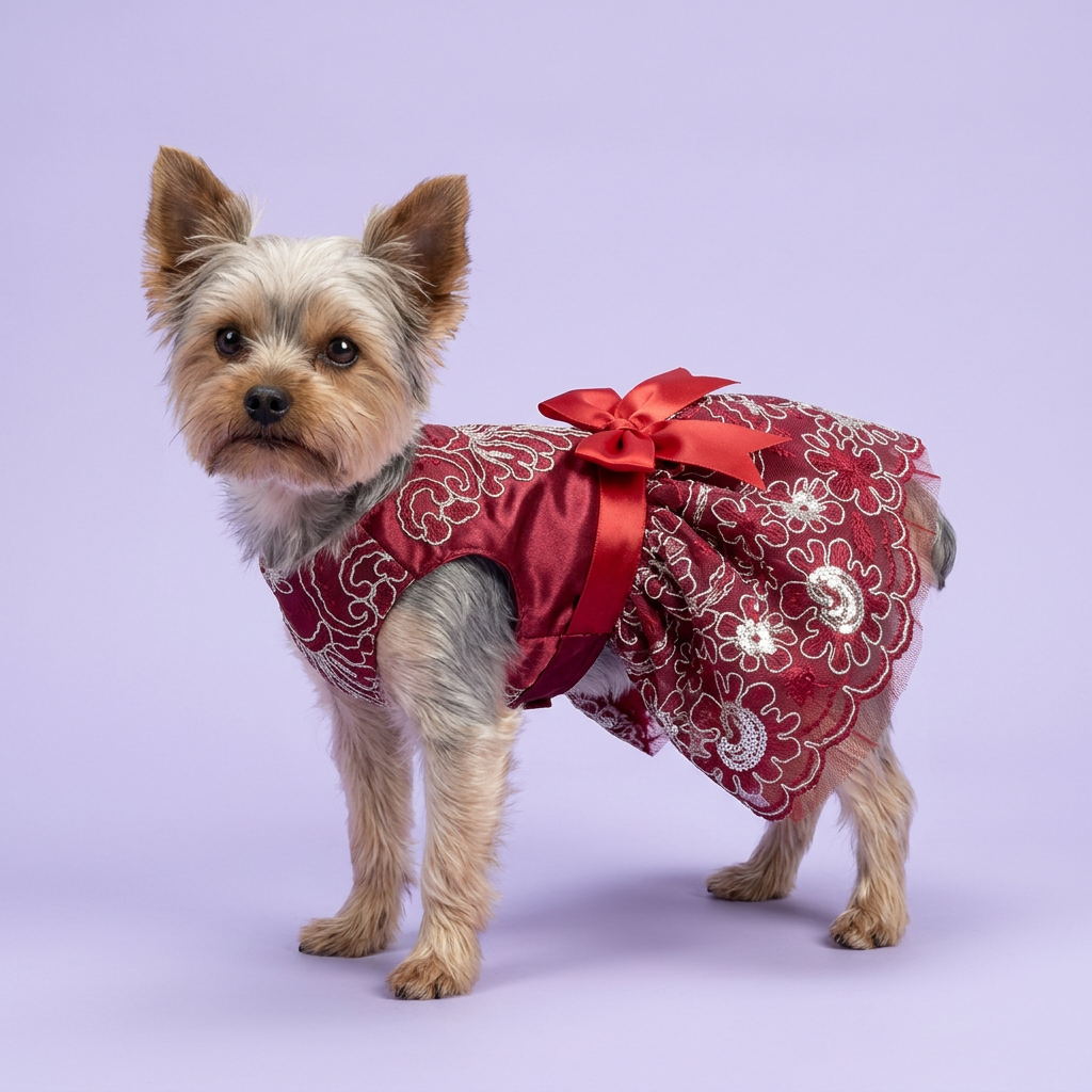 Yorkie wearing the red embroidered dress