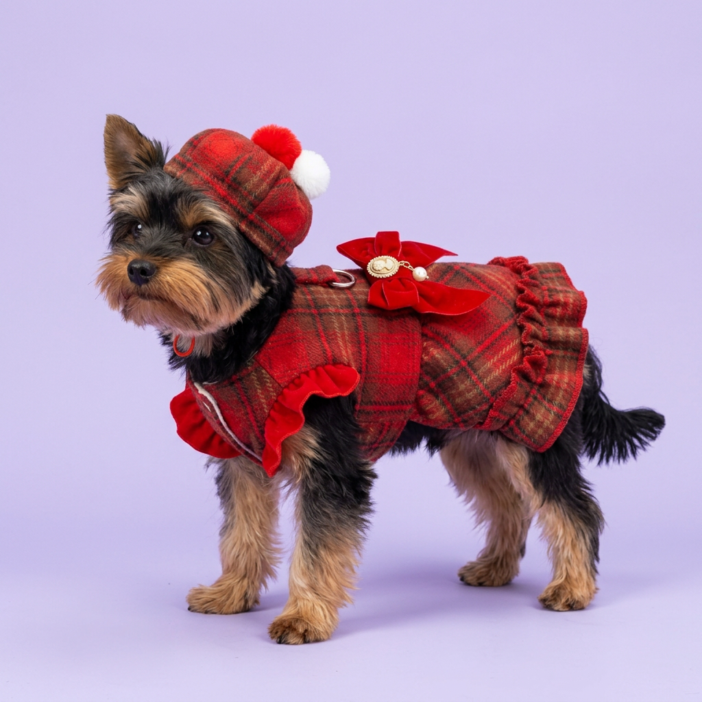 Yorkie wearing the red tartan dress and matching hat