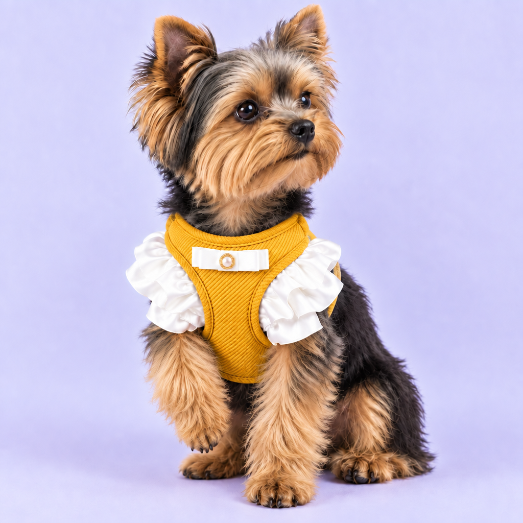 Yorkie wearing yellow harness