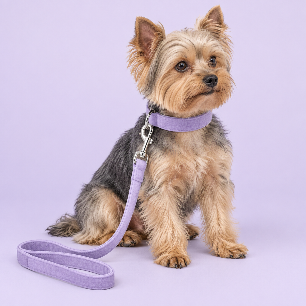 Yorkie with light-purple collar and leash