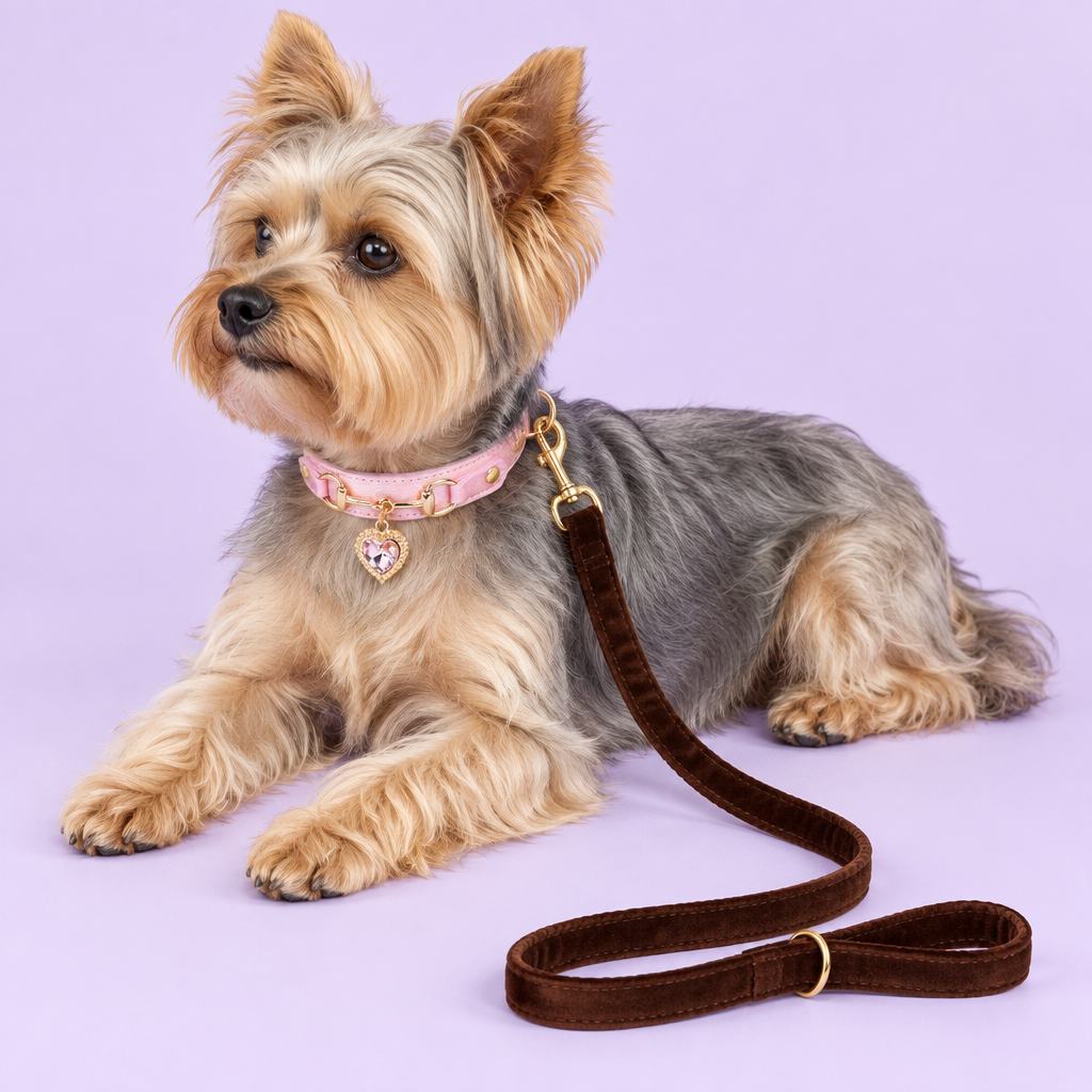 Yorkie with pink heart collar and brown velvet leash