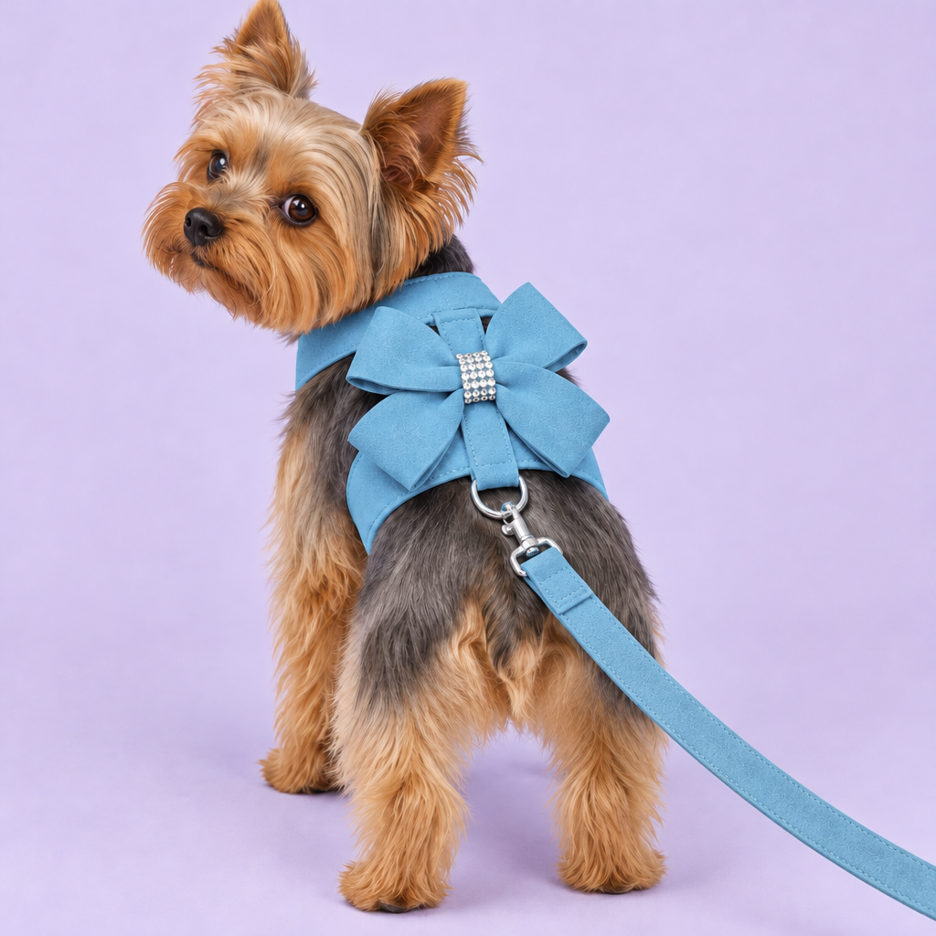 Yorkshire Terrier in blue bow harness with leash