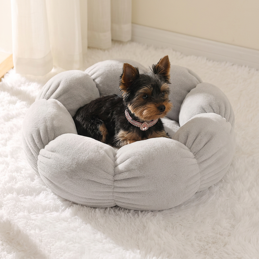Yorkshire terrier in gray flower bed wearing pink collar