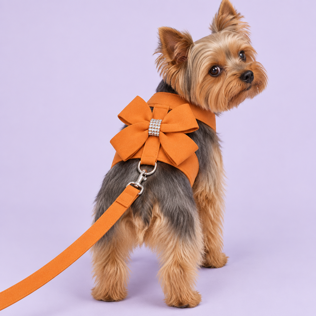 Yorkshire Terrier in orange bow harness