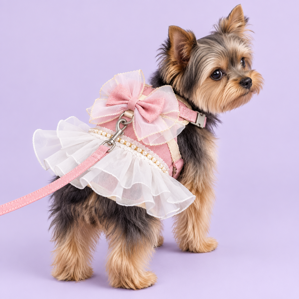 Yorkshire terrier in pink ruffled harness