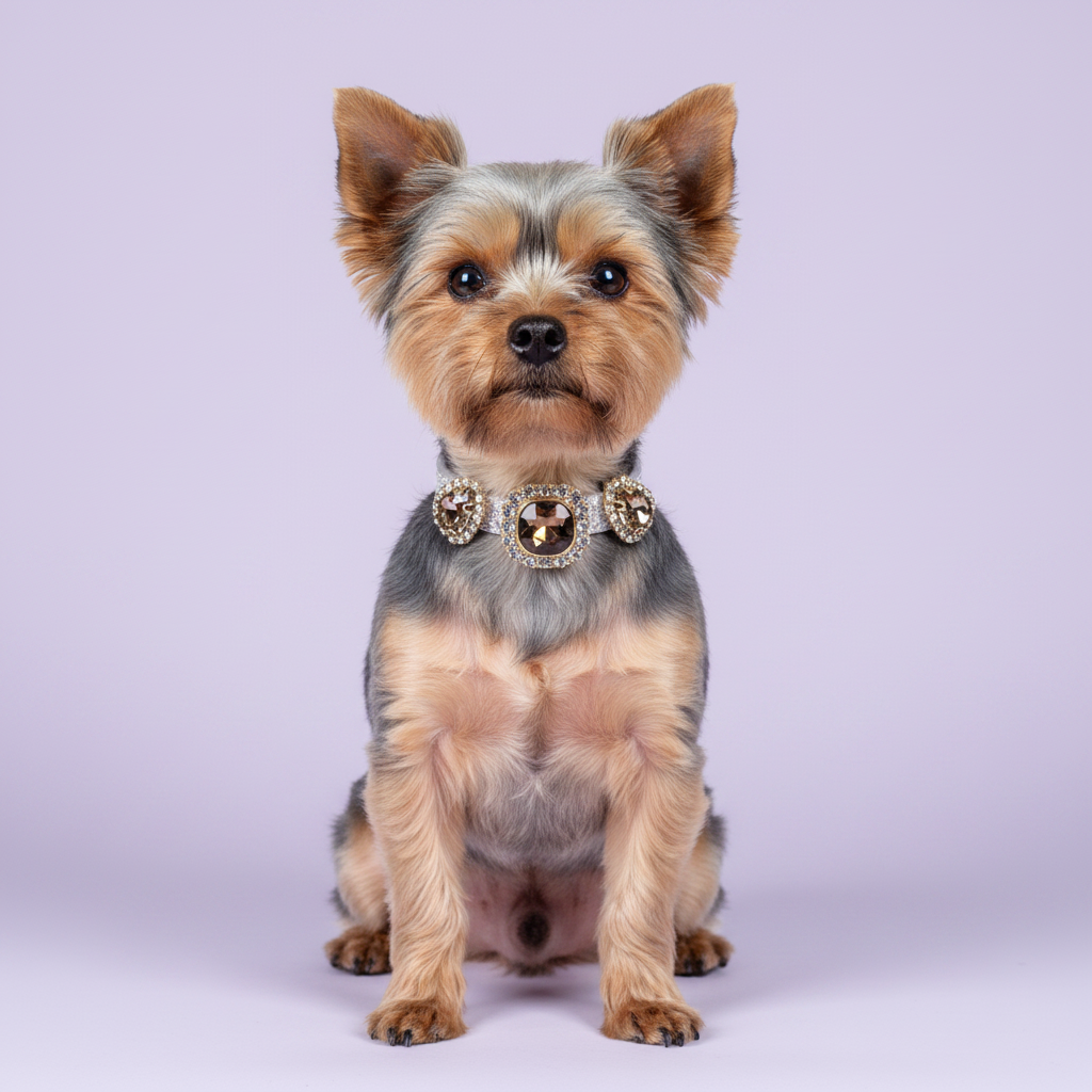 Yorkshire Terrier sitting upright and facing forward wearing a silver rhinestone dog collar with triple smoky topaz cushion-cut gems and rhinestone halo accents on lavender background