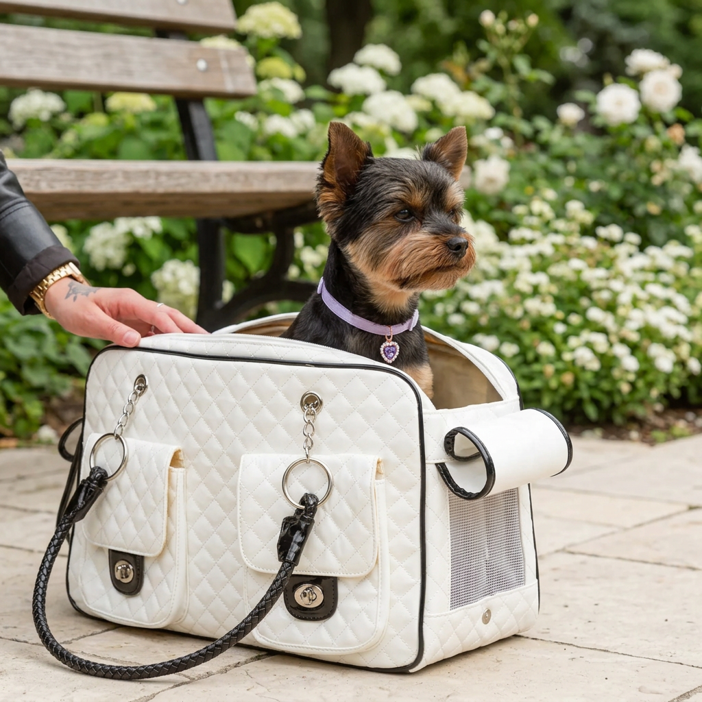 Yorkshire terrier in the white quilted carrier wearing the lavender heart-charm collar