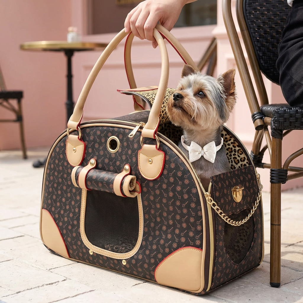 Yorkshire terrier lifestyle mockup in the dark patterned carrier with an ivory pearl-bow collar