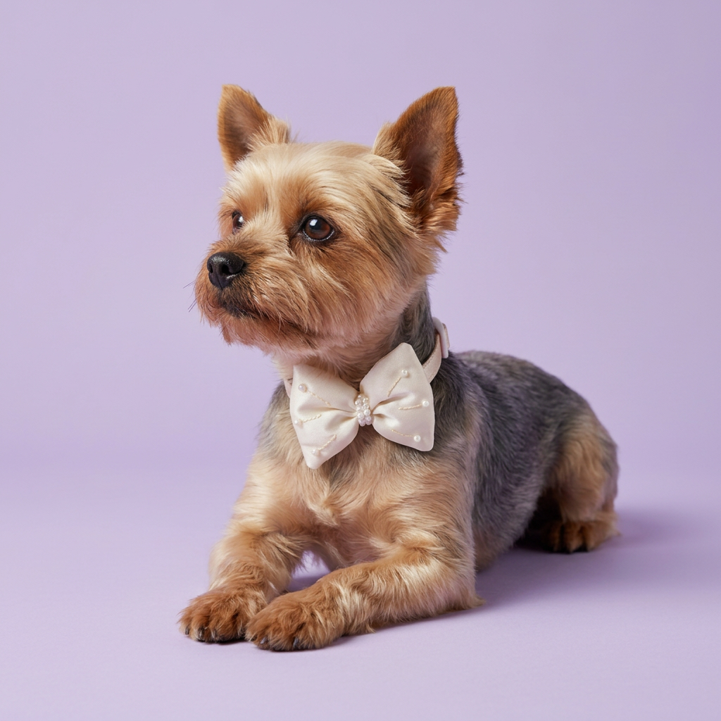 Yorkshire terrier lounging in ivory bow collar