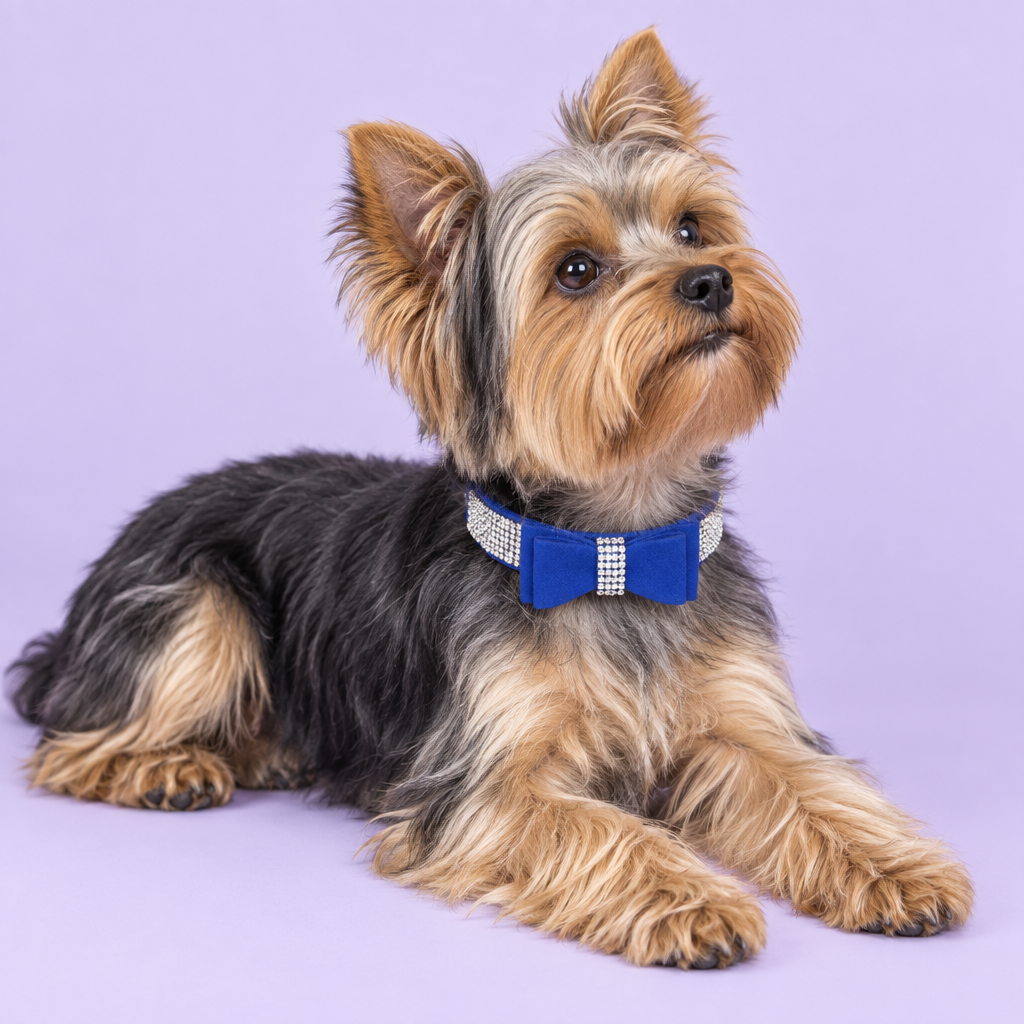 Yorkshire terrier lounging with an upward gaze