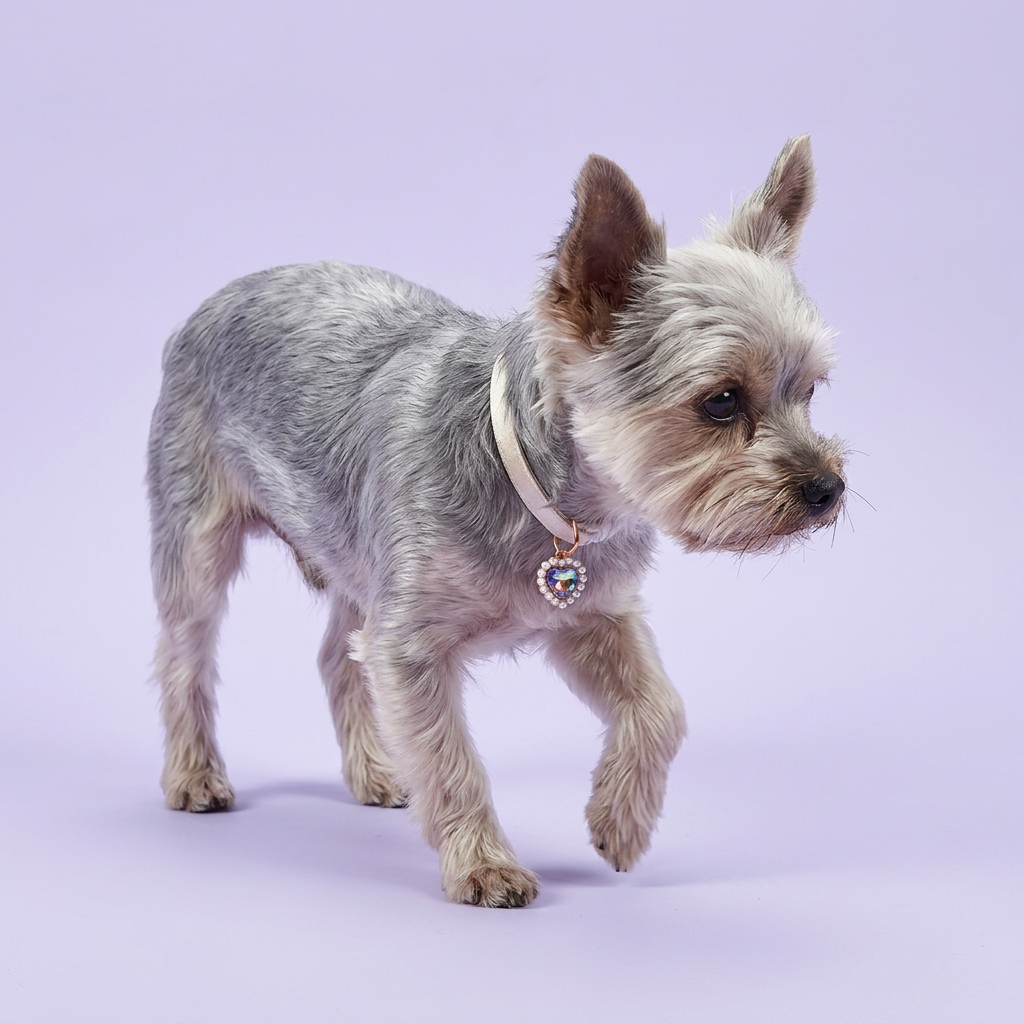 Yorkshire Terrier mid-step looking ahead, wearing the ivory satin iridescent heart-charm collar