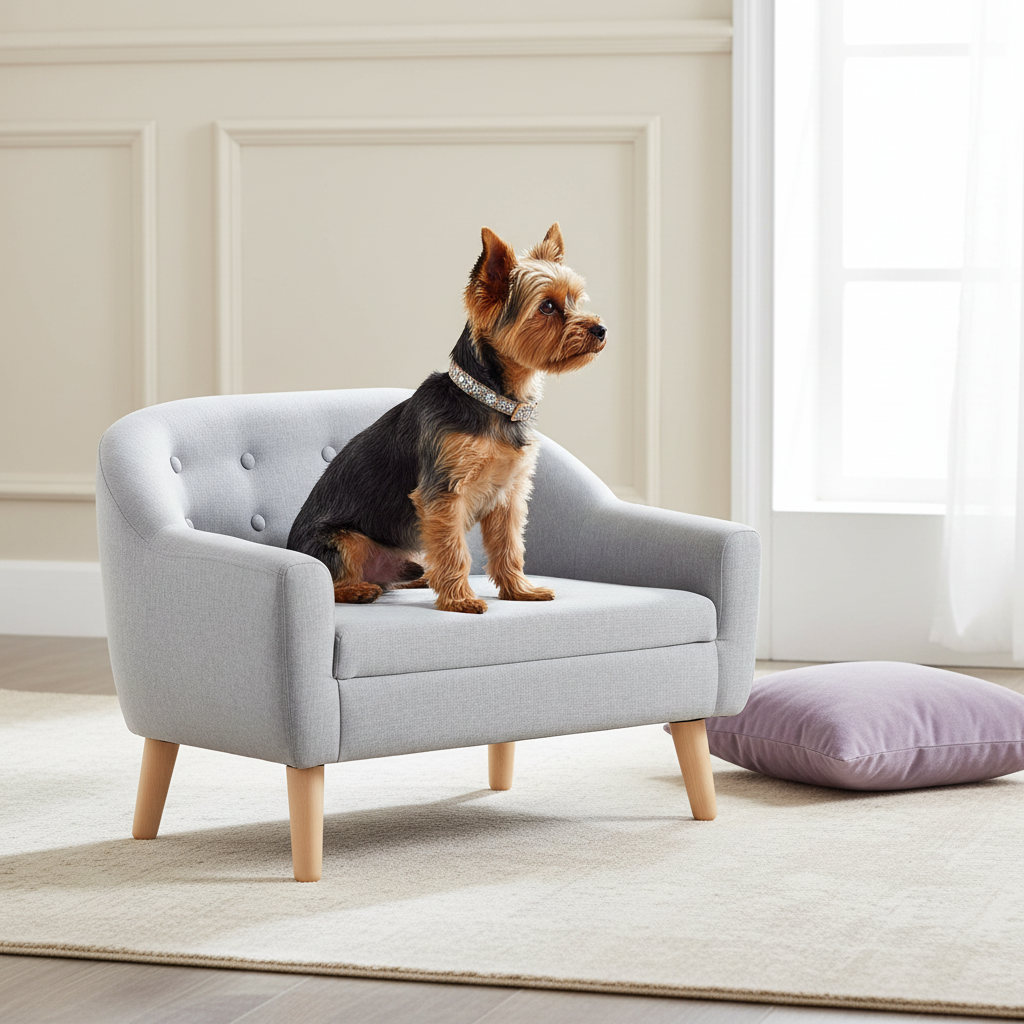 Yorkshire Terrier on the gray chair in an elegant living room