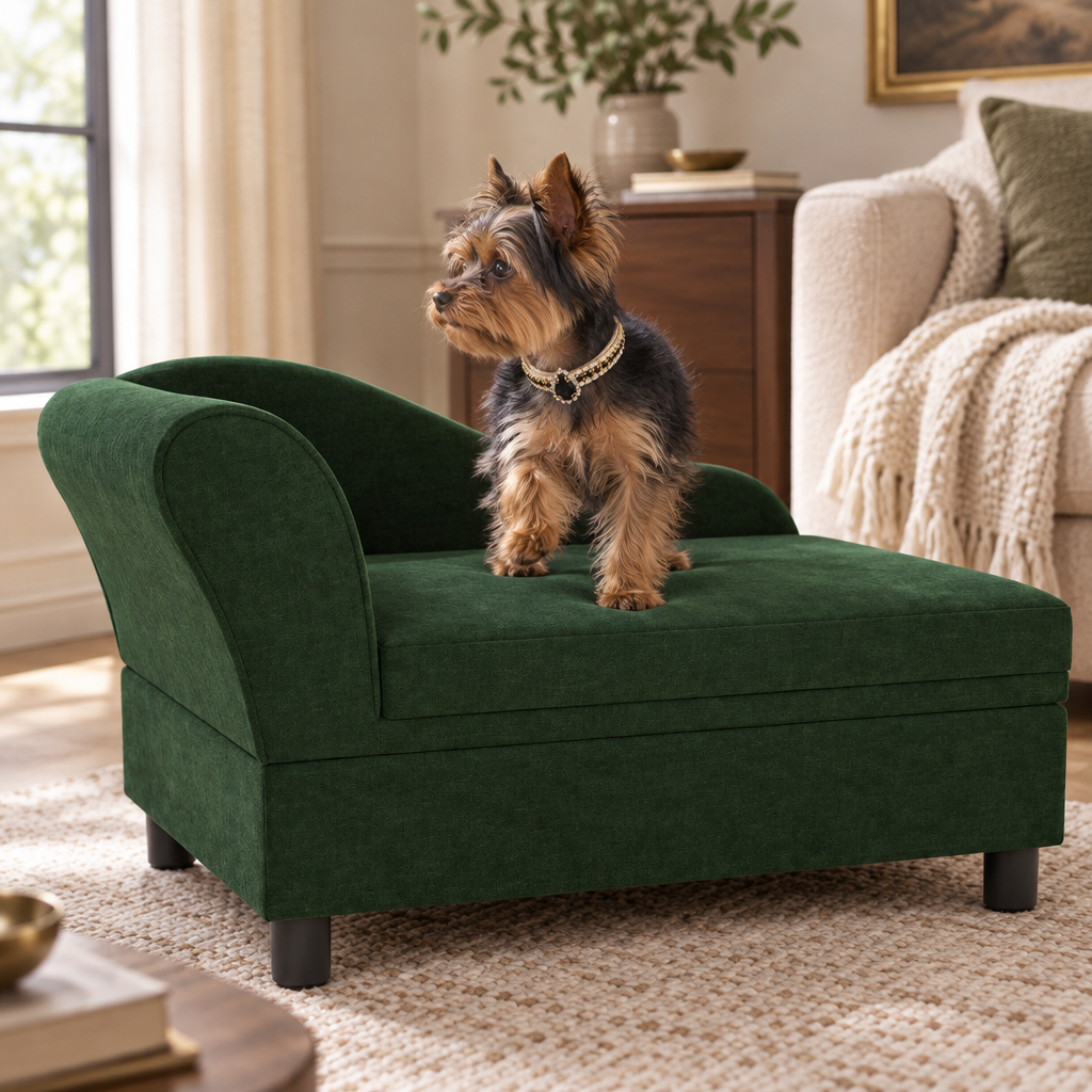 Yorkshire Terrier on the green pet couch wearing the black gemstone collar