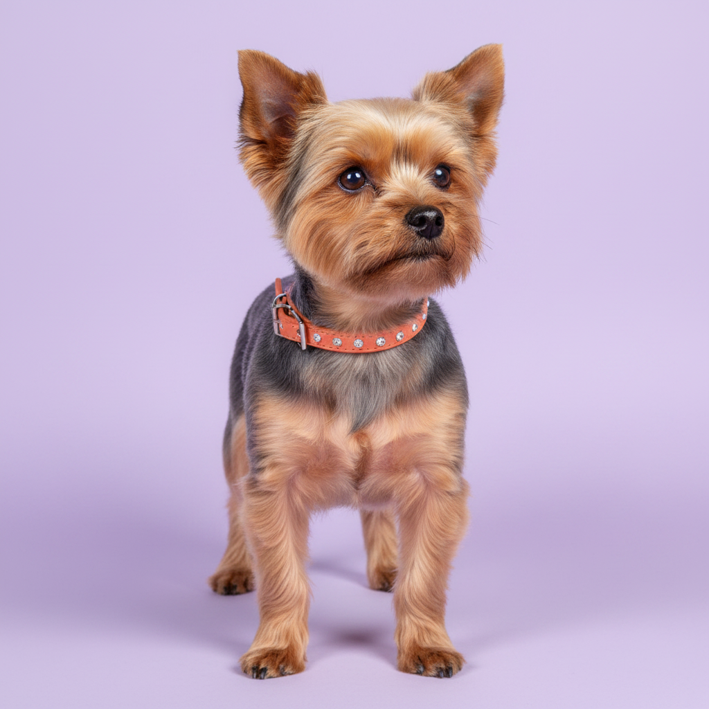 Yorkshire Terrier wearing an orange rhinestone crystal leather dog collar, full body studio portrait on lavender background