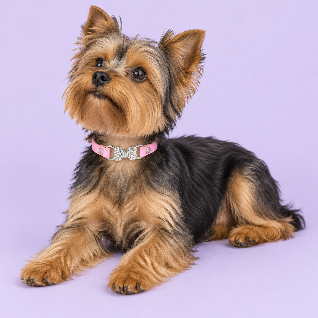 Yorkshire terrier reclining and looking upward