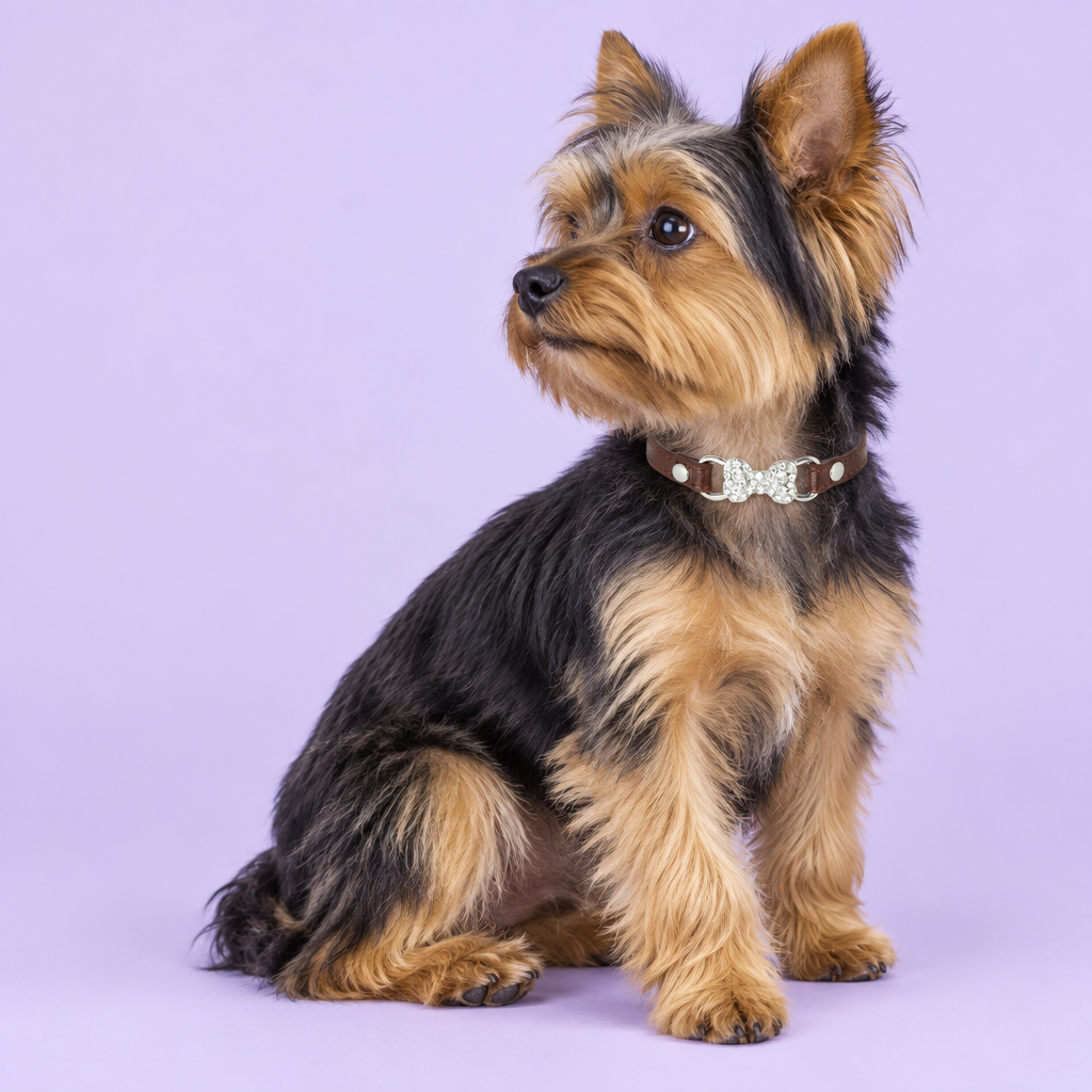 Yorkshire terrier seated and looking left
