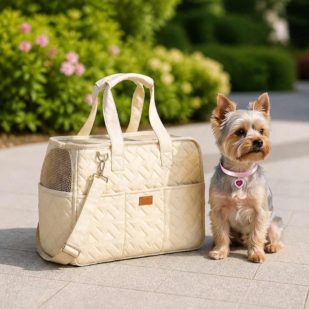 Yorkshire terrier sitting beside the cream quilted carrier, lifestyle mockup