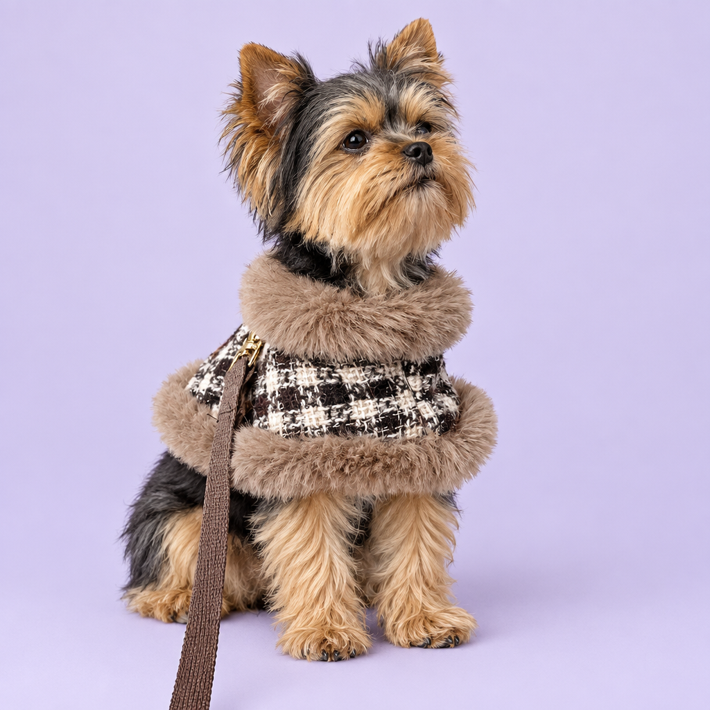 Yorkshire terrier wearing the plaid cape