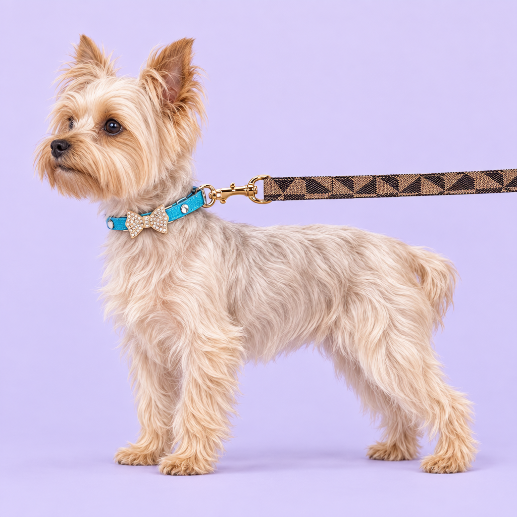 Yorkshire terrier with dark triangular-pattern leash