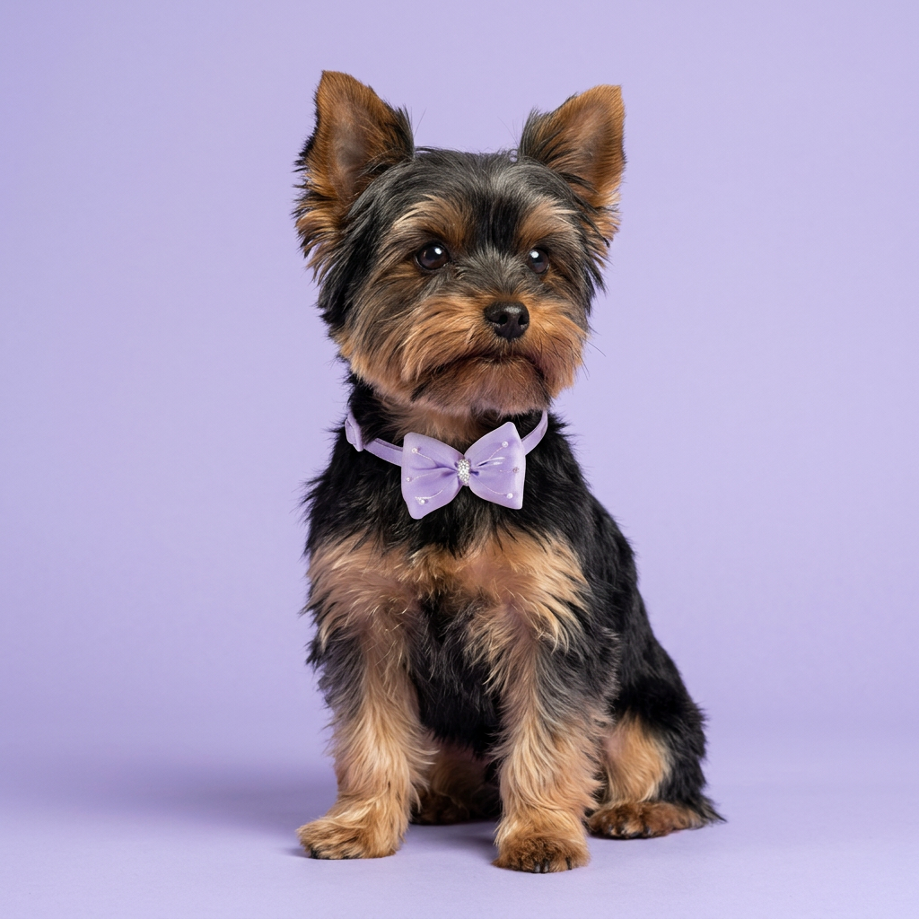 Yorkshire terrier with lavender bow collar