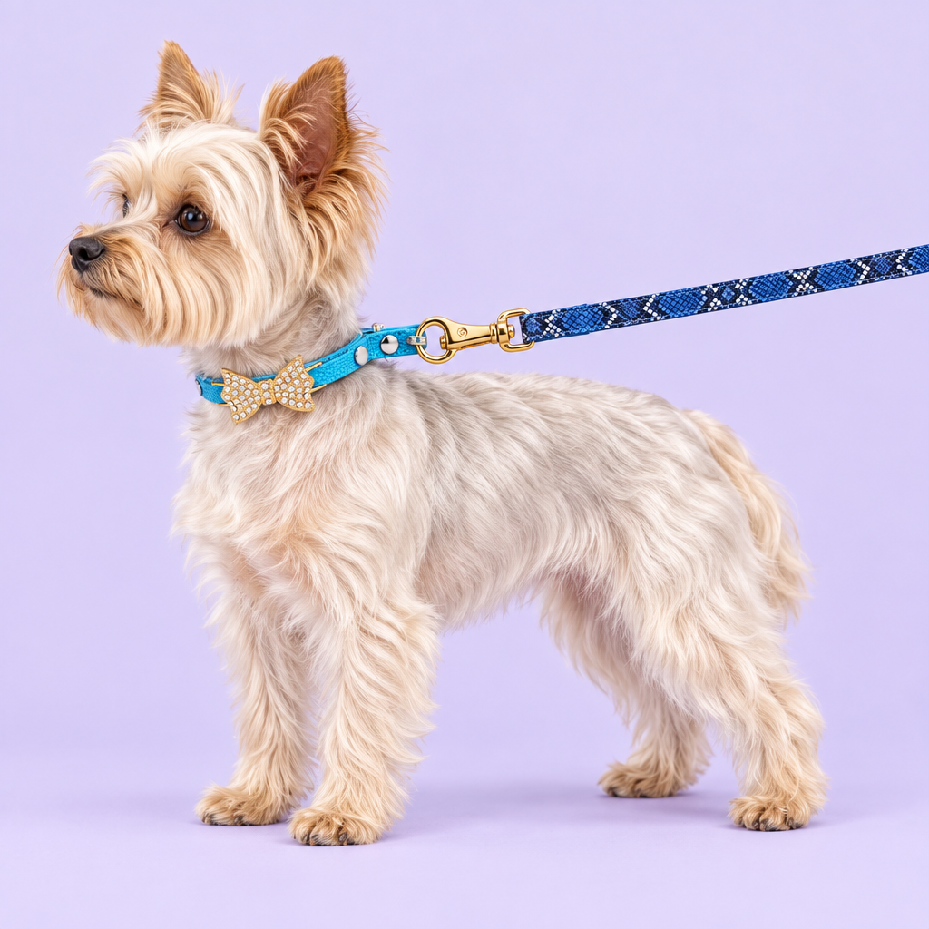 Yorkshire terrier with narrow blue snakeskin leash