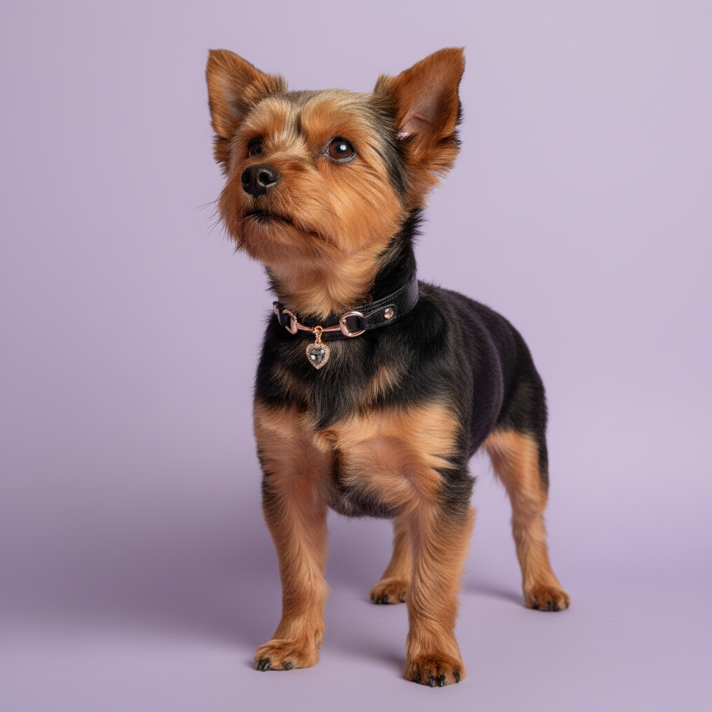 Black and tan Yorkshire Terrier standing and looking upward, wearing a black leather pet collar with rose gold snaffle-bit hardware and a grey crystal heart charm pendant, on a soft lavender background